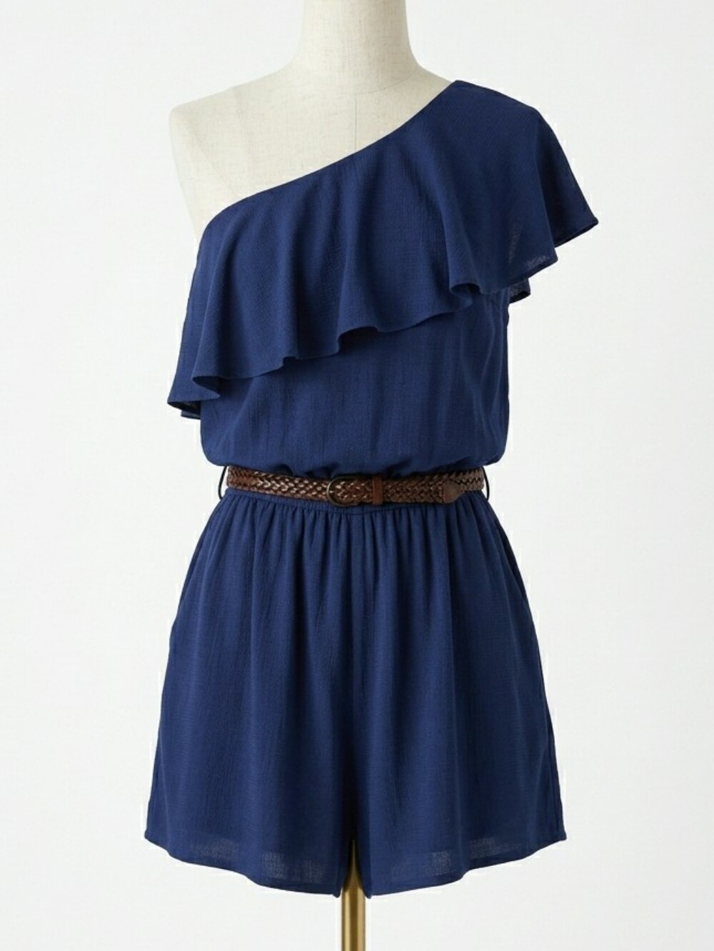TART Cobalt Blue One Shoulder Ruffle Romper Size S Modal Stretch Lined